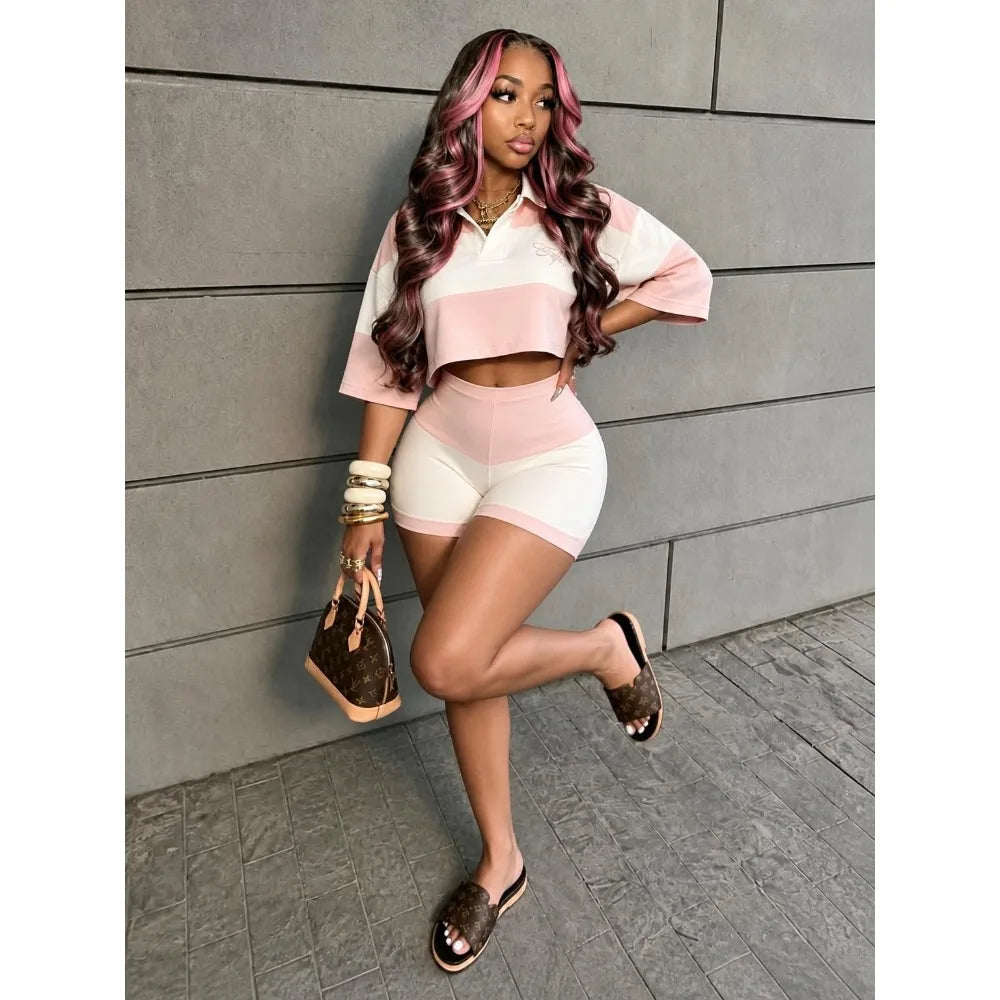 Pink Color Block V Neck Crop Top and Shorts Set for Women