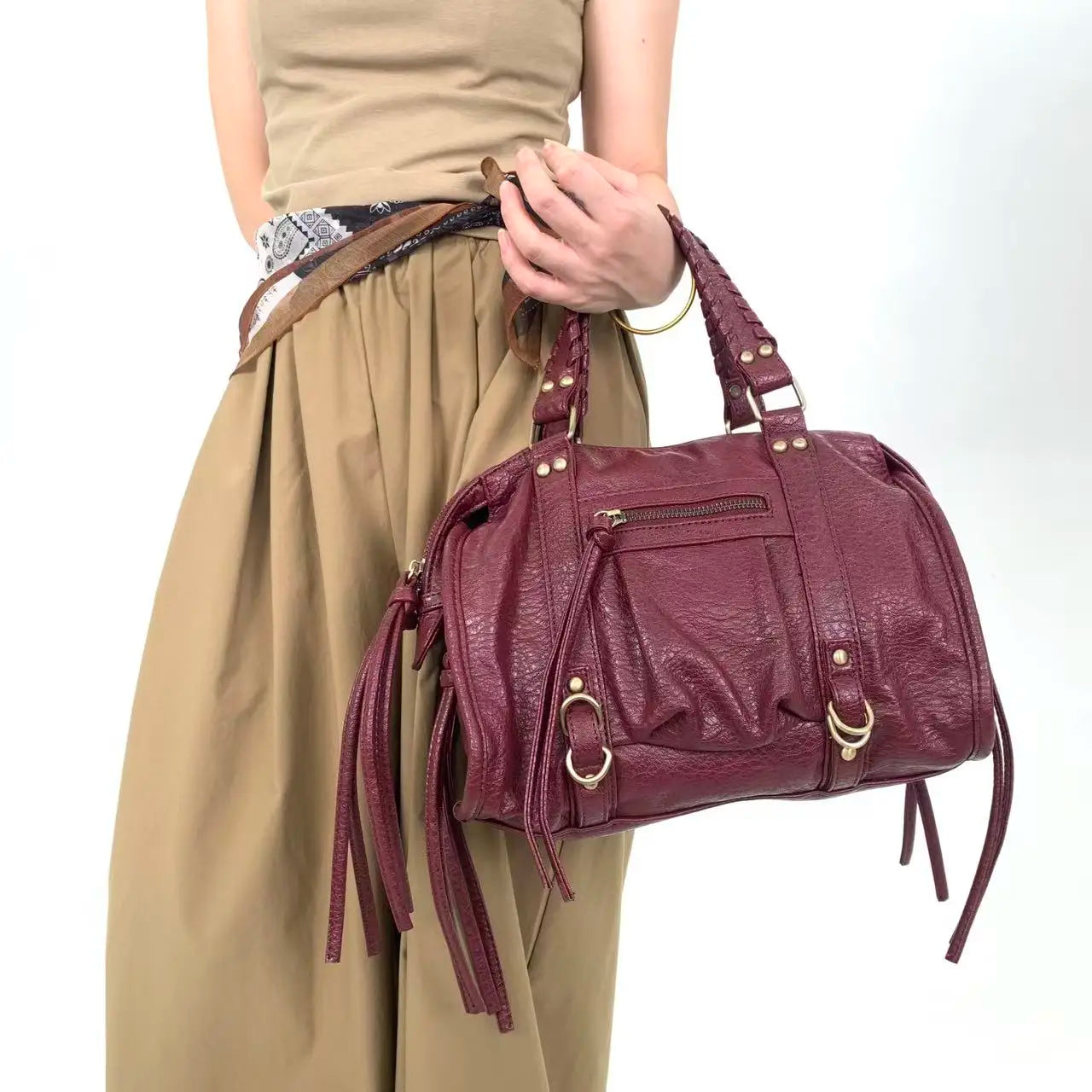 Vintage Street Style Rivet Embellished Shoulder Bag for Women
