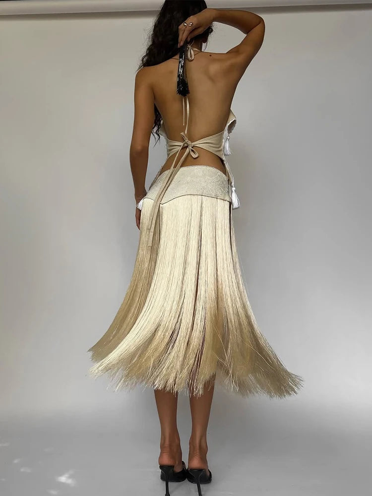 Backless Tassel Halter Patchwork Skirt Two Piece Set for Women