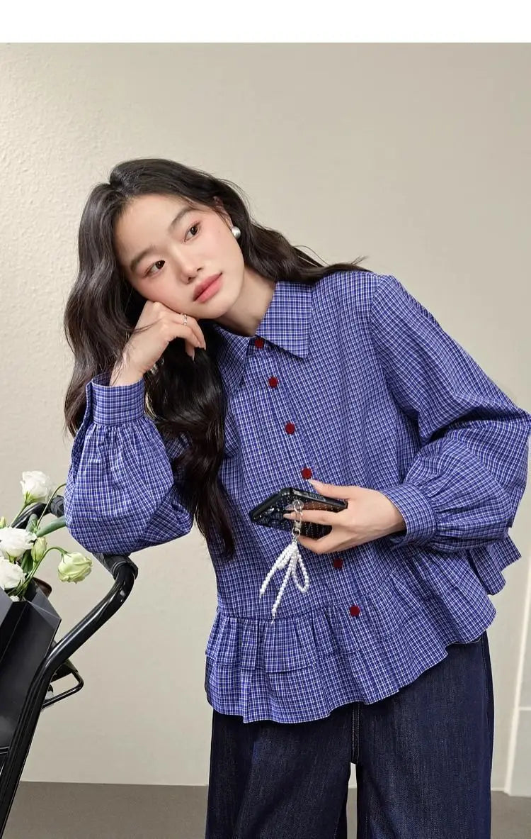 Blue Checkered Ruffle Trim Blouse With Turn Down Collar for Women