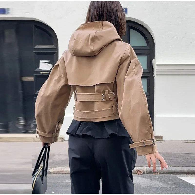 Khaki Cotton Blended Double Breasted Puff Sleeve Coat For Women