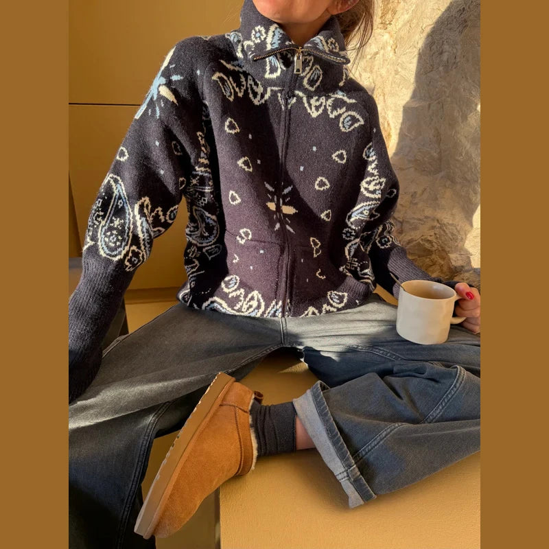 Gray Jacquard Knit Loose Cardigan Long Sleeve Casual for Women
