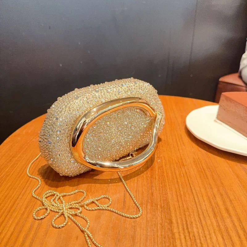 Stylish Golden Metal Handle Evening Clutch Bags for Women Elegant Luxury Shiny Diamond Studded Wedding Party Purse Shoulder Bags