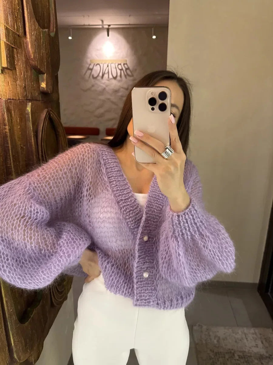 Loose Fit Open Knit V Neck Cardigan Sweater for Women