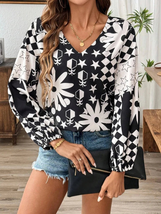 Women's Fashion Elegant Spring Summer Floral Print Lantern Sleeve Shirt Stylish Casual Top for Ladies