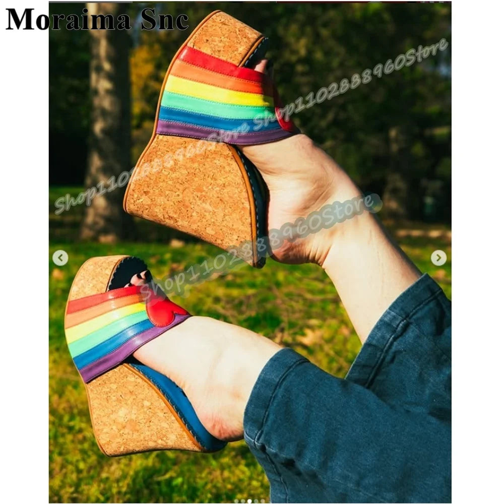 Iridescent Strappy Leather Platform Sandals For Women