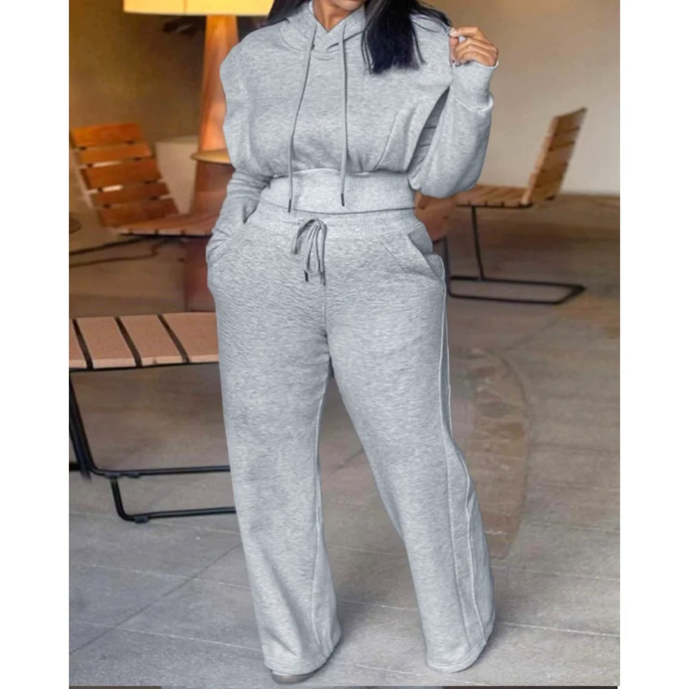 Elegant Two Pieces 	Tied Detail Hooded Long Sleeve Sweatshirt and Casual Wide Leg Sweatpants Set for Women Autumn Winter