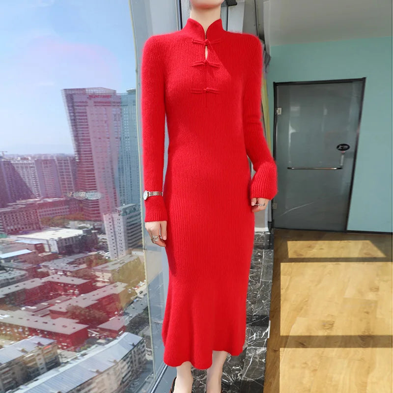 Stand Collar Ankle Length Fishtail Knit Dress for Women
