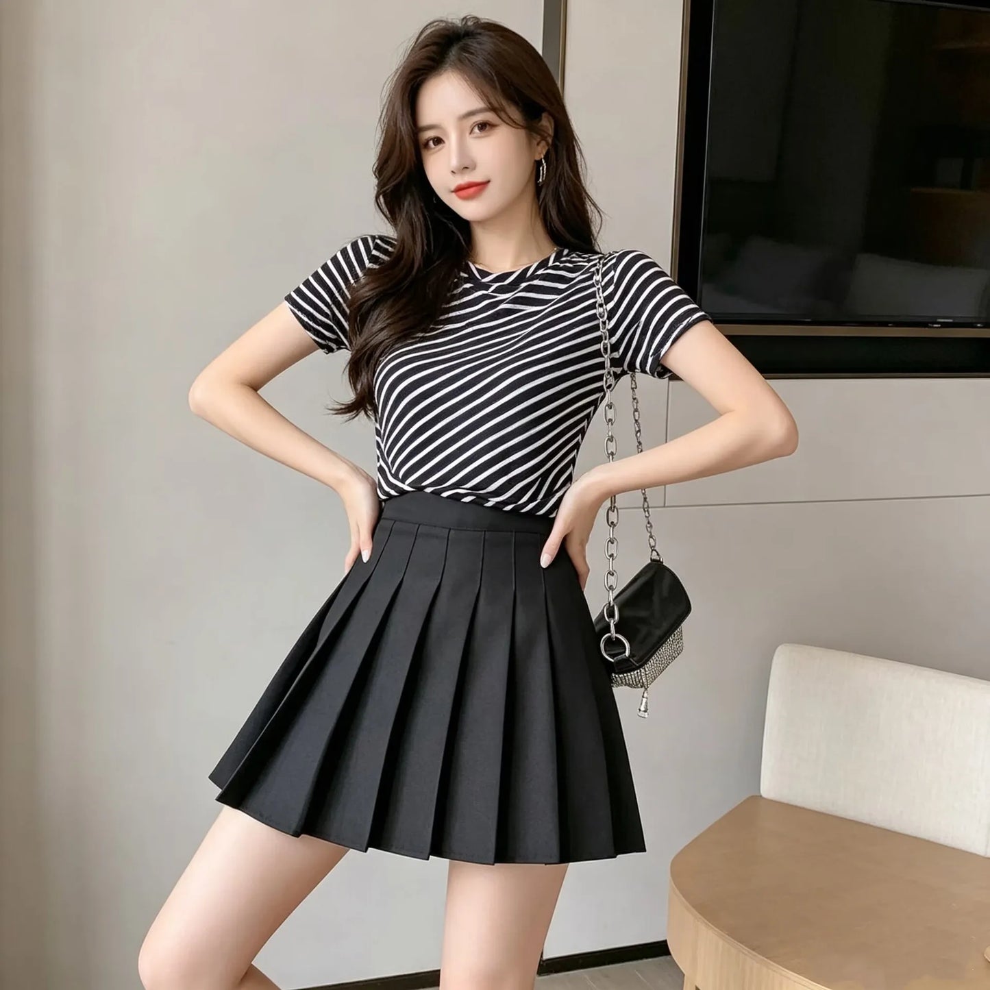 White High Waist Pleated Mini Skirt With Built In Shorts For Women