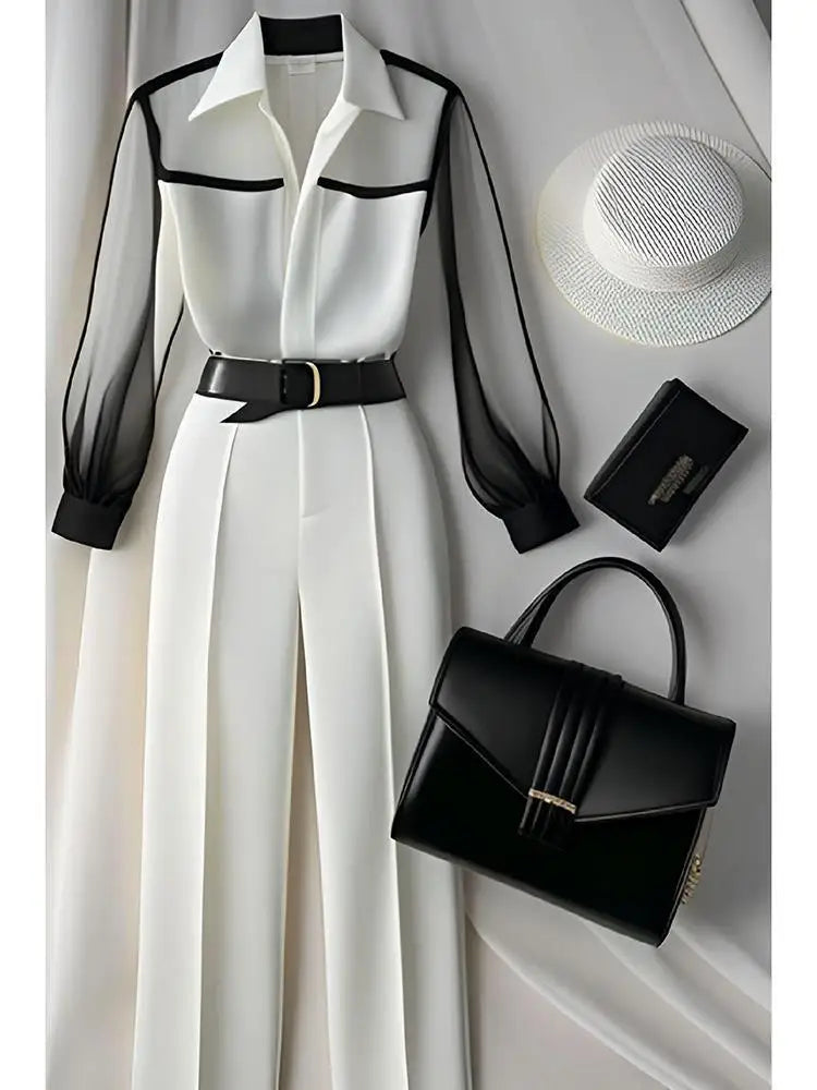 White Loose Tailored Trousers and Blouse Set for Women