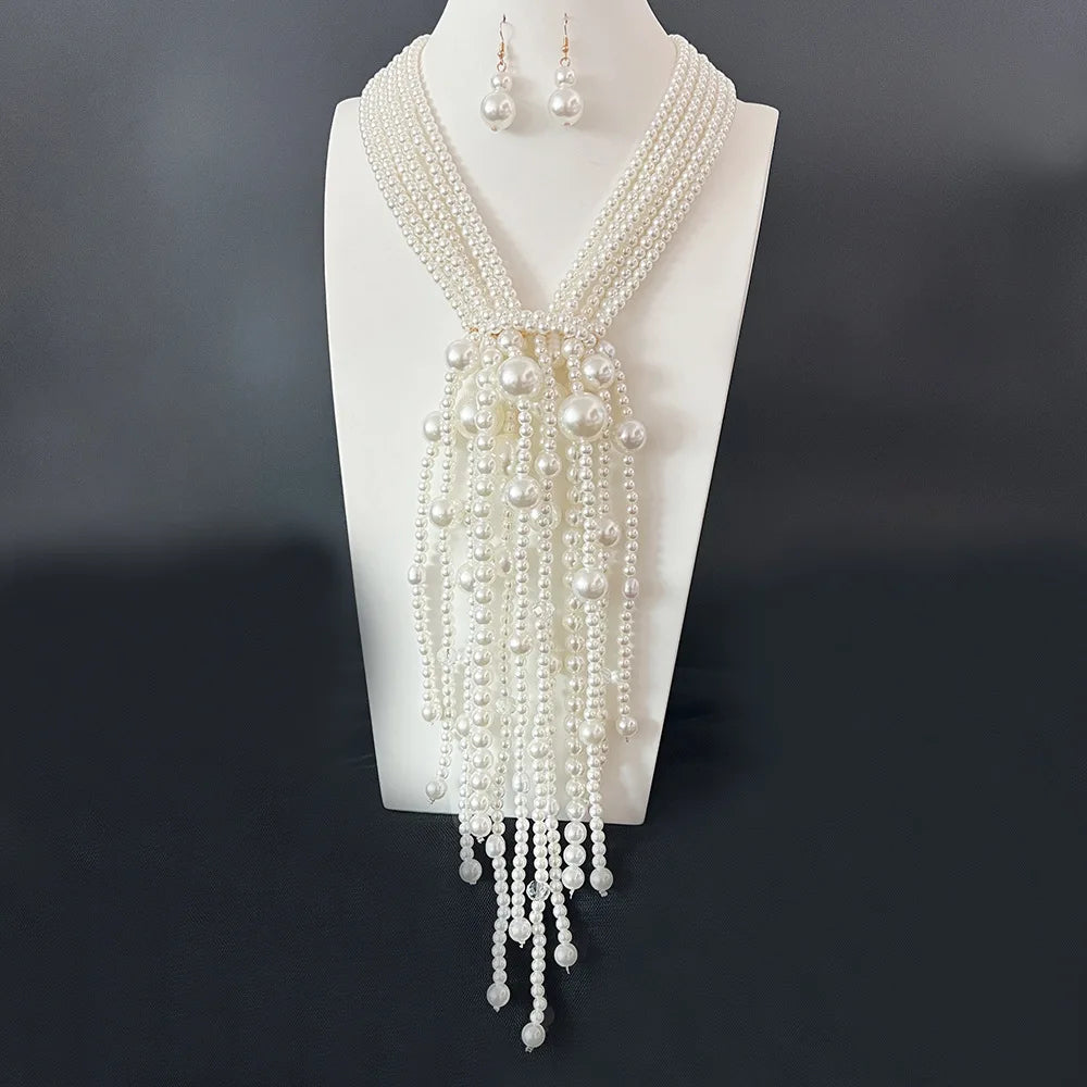 Elegant Layered Imitation Pearl Tassel Necklace for Women