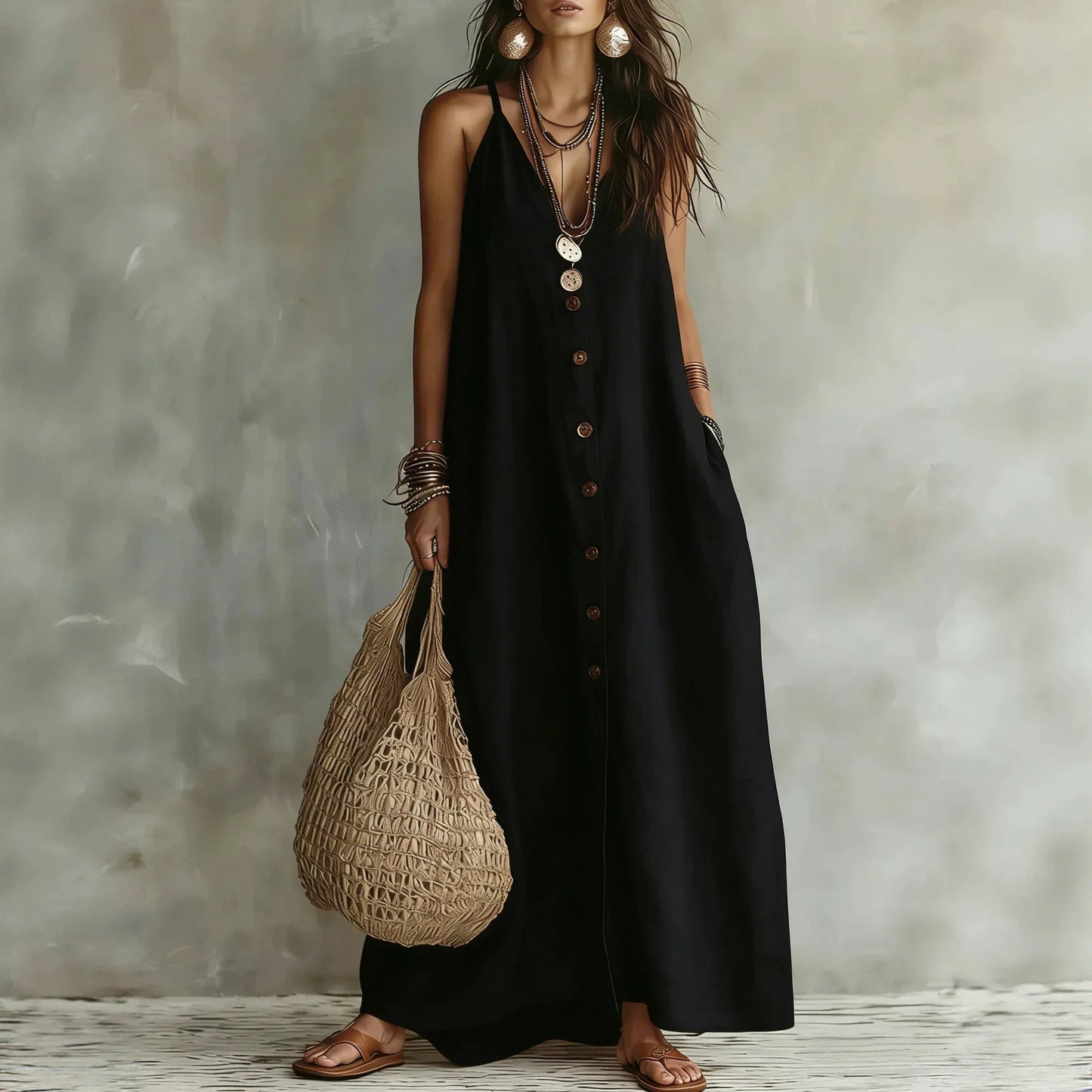 Spaghetti Strap V Neck Front Button Pocket Linen Maxi Dress for Women