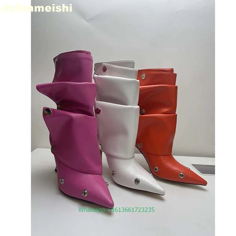 Pleated Stiletto Pointed Toe Leather Ankle Boots With Rivet Buckle For Women