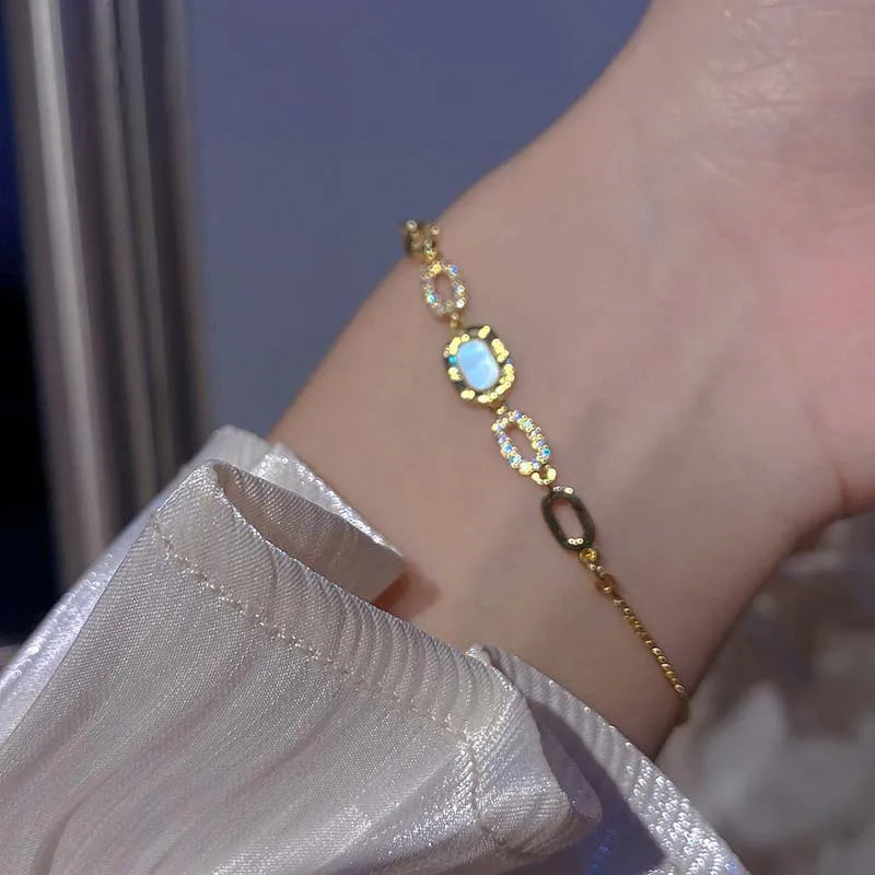 Gold Tone Square Opal Chain Bracelet
