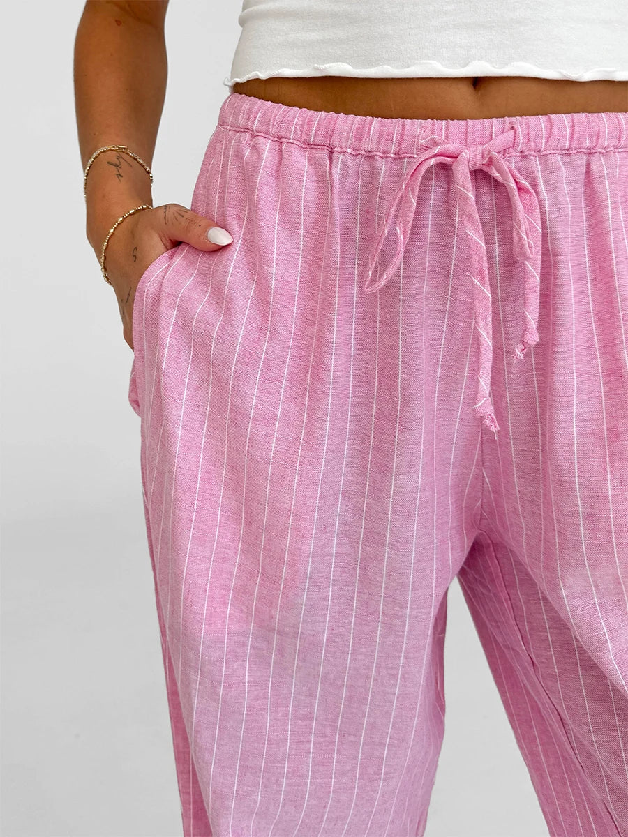 Women Loose Pants Stripe Micro-Sheer Drawstring Elastic Waist Trousers Spring Fall Casual Sweatpants Bottoms