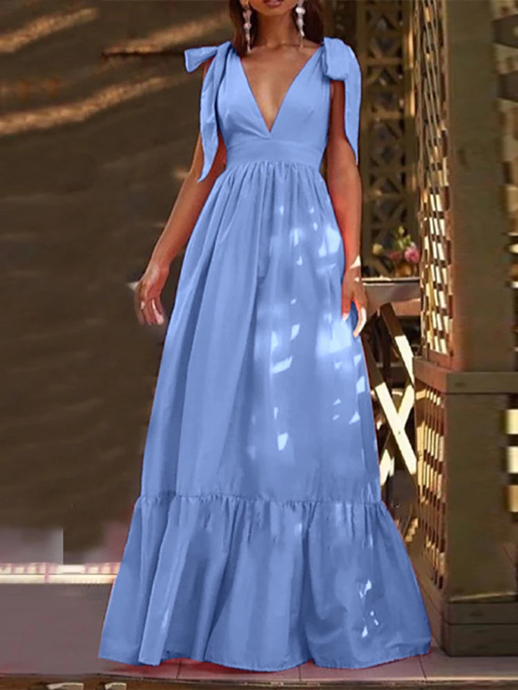 Elegant Backless V-Neck Ruffle Maxi Party Dress for Women