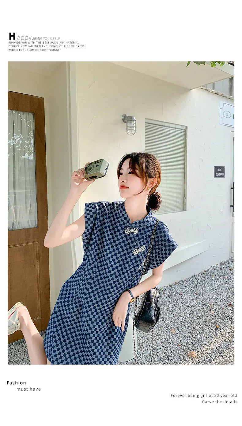 Checkered Ethnic Style Summer Lightweight A Line Dress for Women