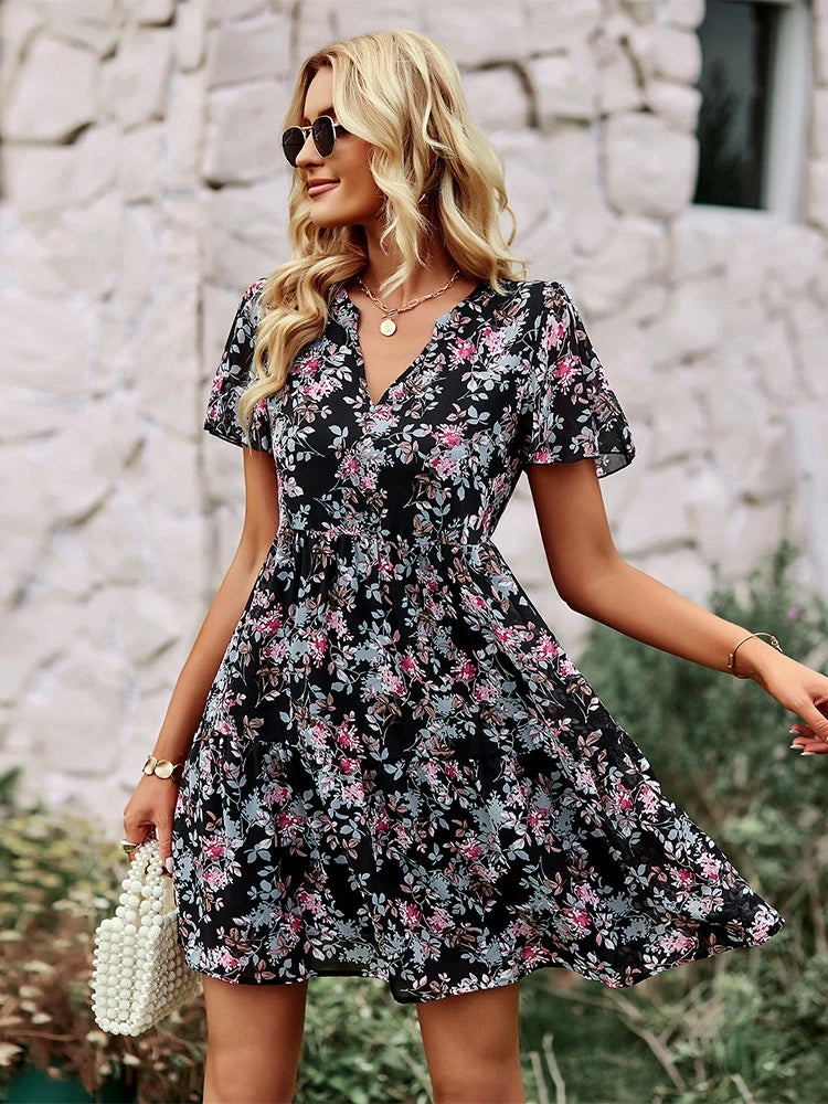 Casual Round Neck Floral Print Pullover Dress For Women