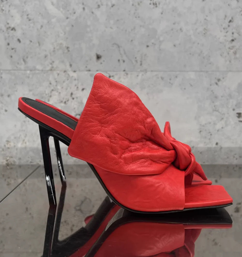 Red Leather Square Toe Stiletto Sandals