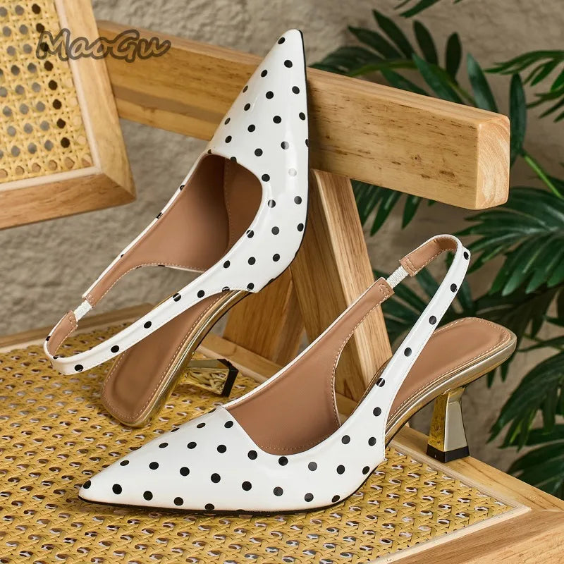 White Polka Dot Slingback Kitten Heel Pumps for Women