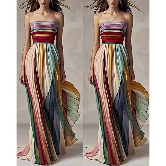 2025 Women's Rainbow Bandeau Pleated Ruched Party Maxi Dress Summer Femme Slim Fit Sleeveless Colorful Elegant Dresses