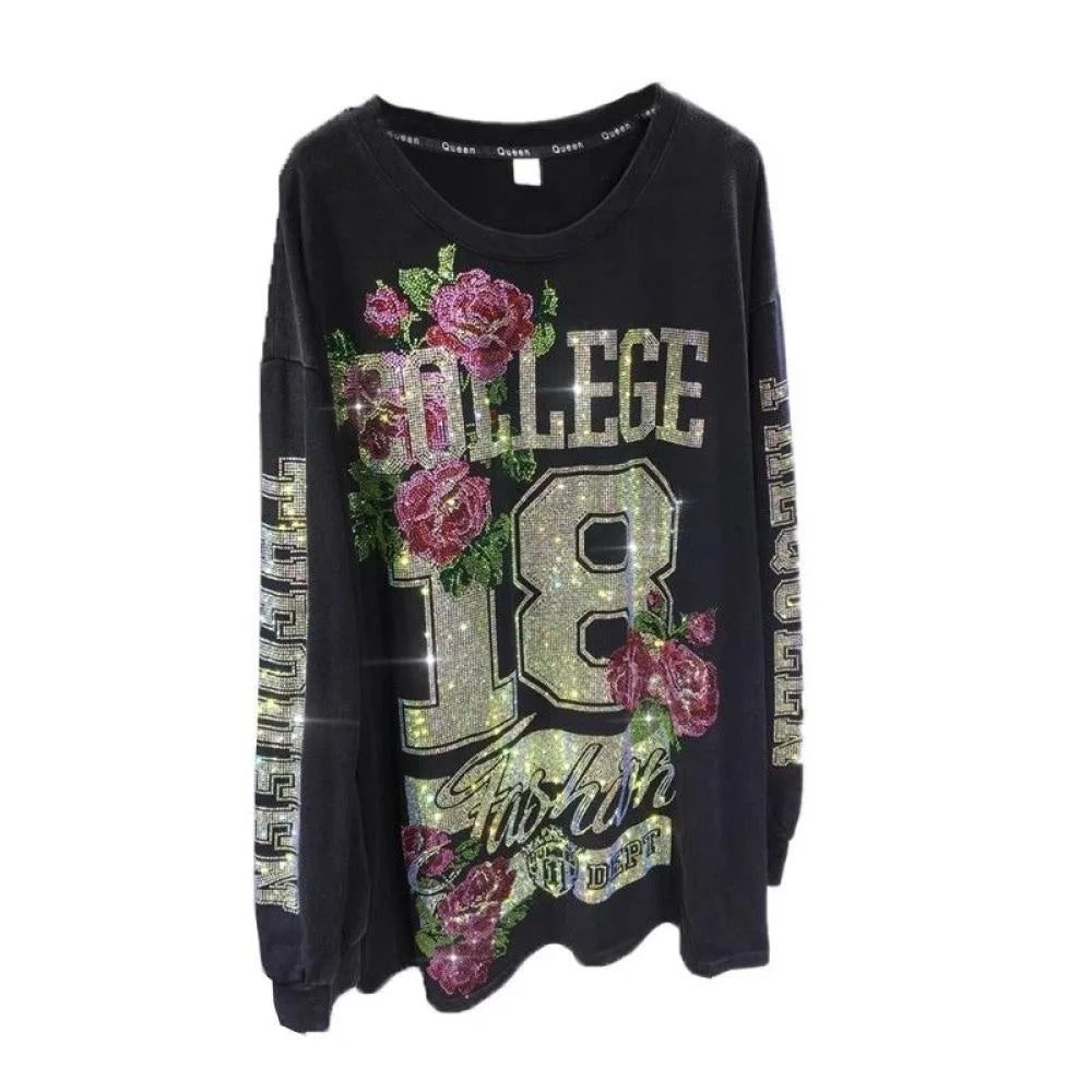 L-4XL 150kg Luxury Diamond Stamping Women's Plus Size Sweatshirts Aesthetics Art Female Pullovers Vintage Winter Lady Sweatshirt