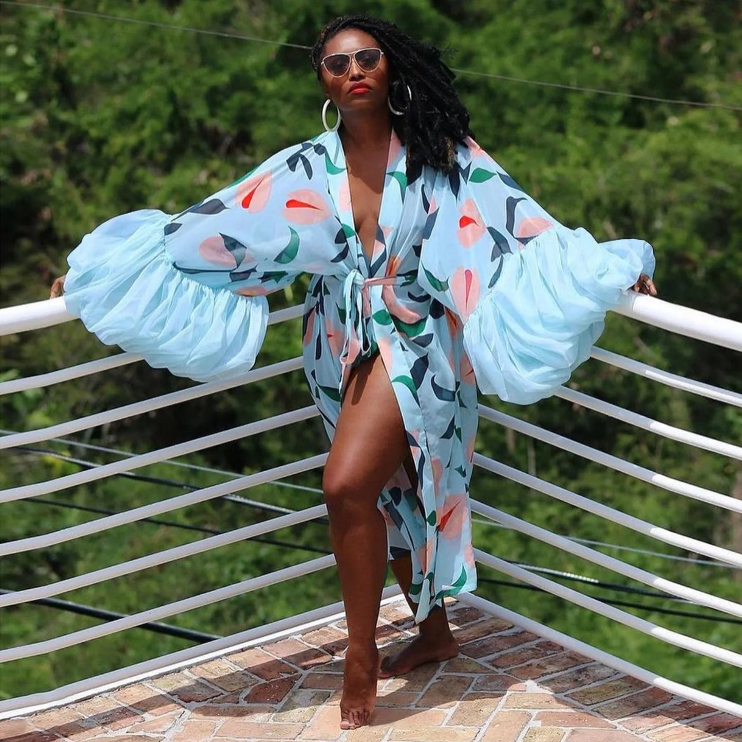Vintage Floral Printed Chiffon Long Cardigan With Ruffle Sleeves for Women