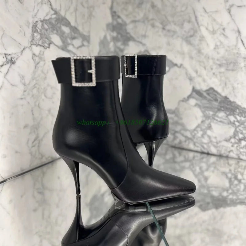 Elegant Black Square Toe Stiletto Side Zipper Boots For Women