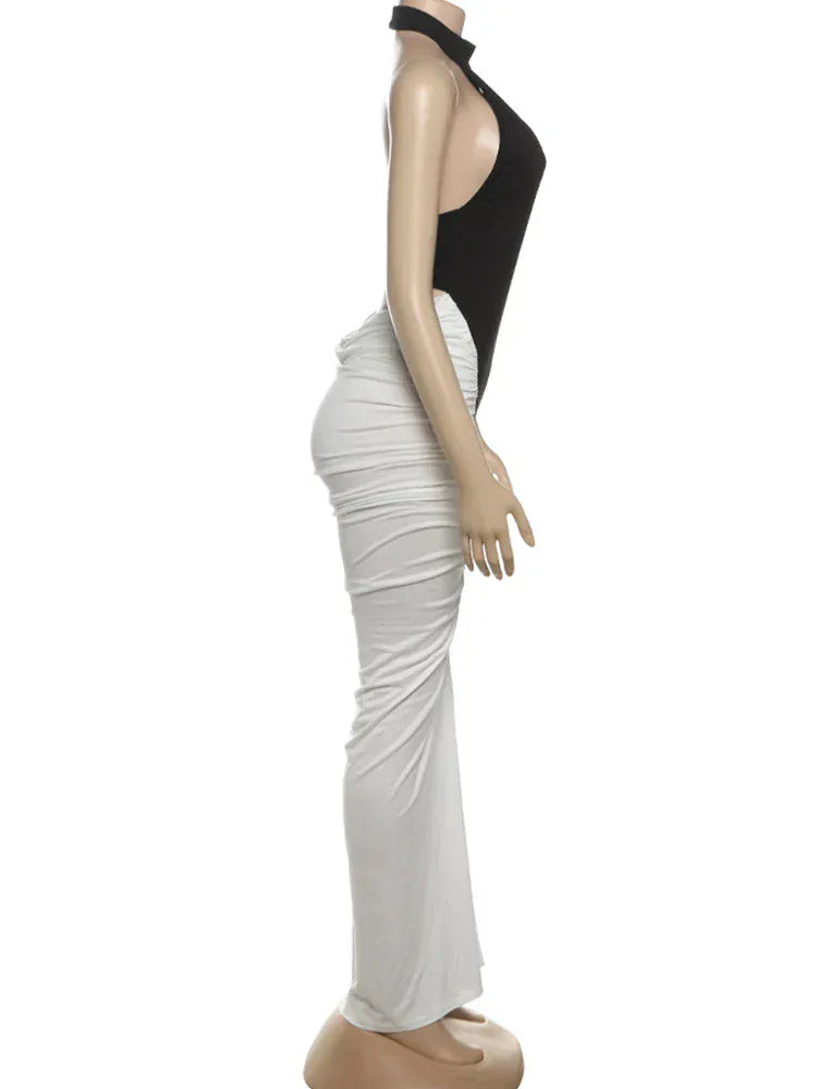 Weird Puss Ruched Maxi Dress Women Sexy Color Blocking Halter Backless Thin Slit Summer Trend Birthday Party Clubwear Vestidos