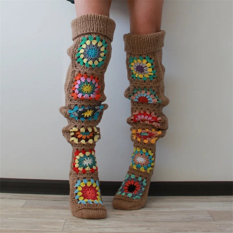 Ethnic Crochet Knit Autumn Winter Thigh High Socks for Women