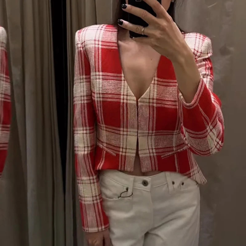 Elegant Plaid Long Sleeve V-Neck Single Breasted Jacket for Women