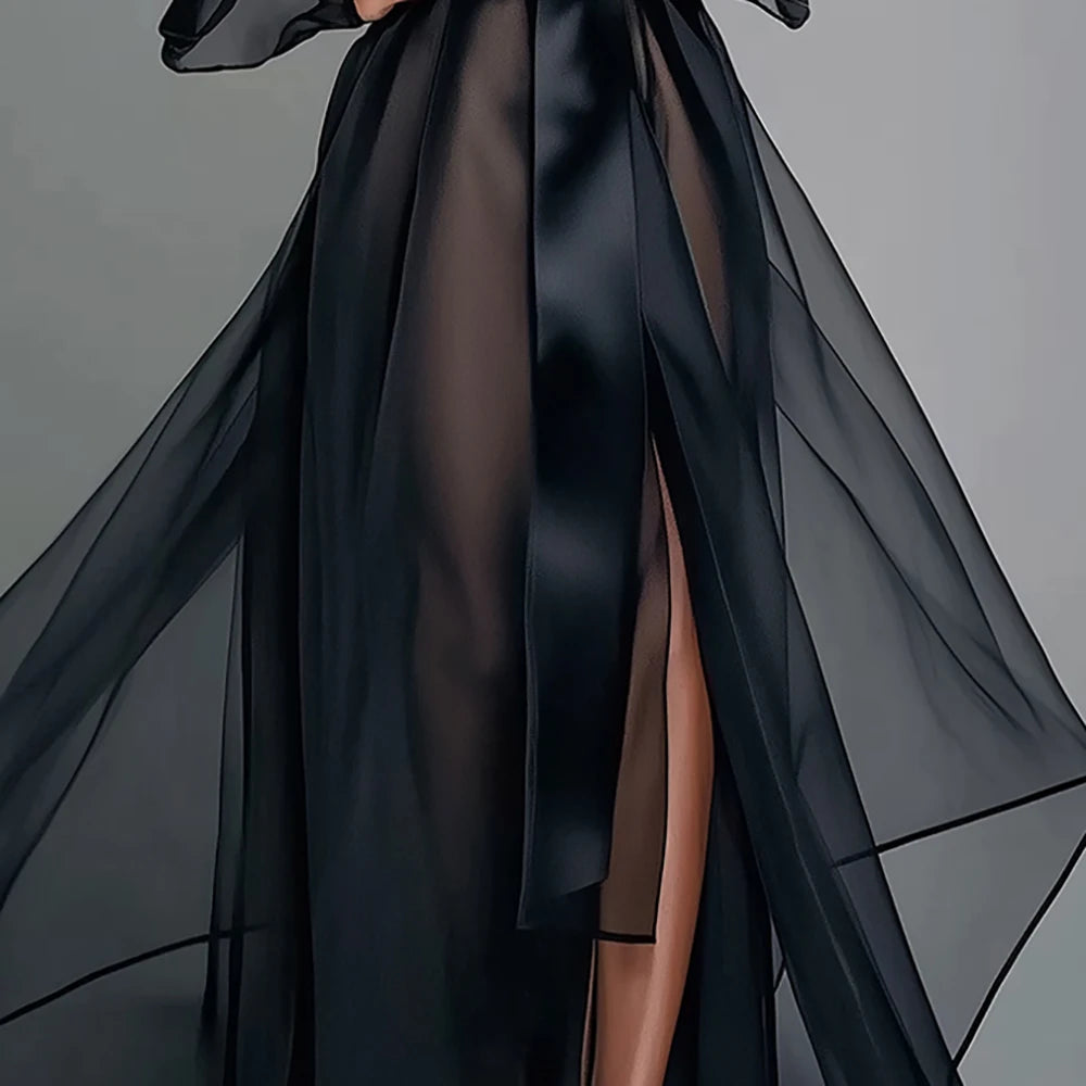 Sheer Organza Long Sleeve Lace Up Maxi Dress With Split Hem For Women