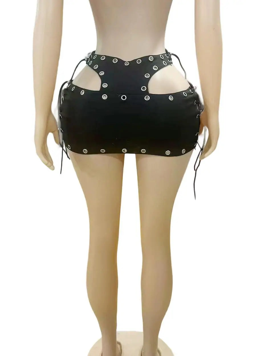 FAGADOER Sexy Hollow Out Bodycon Mini Skirts Women Lace Up High-Waist Hole Patchwork Skirts Female Streetwear Bottom 2025 New