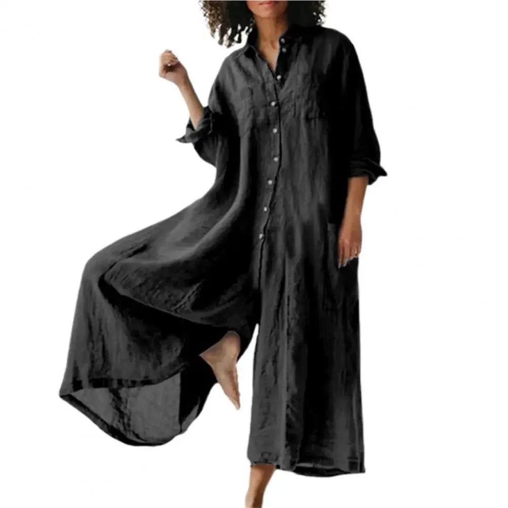 Oversized Cotton Linen Wide Leg Jumpsuit with Pockets for Women