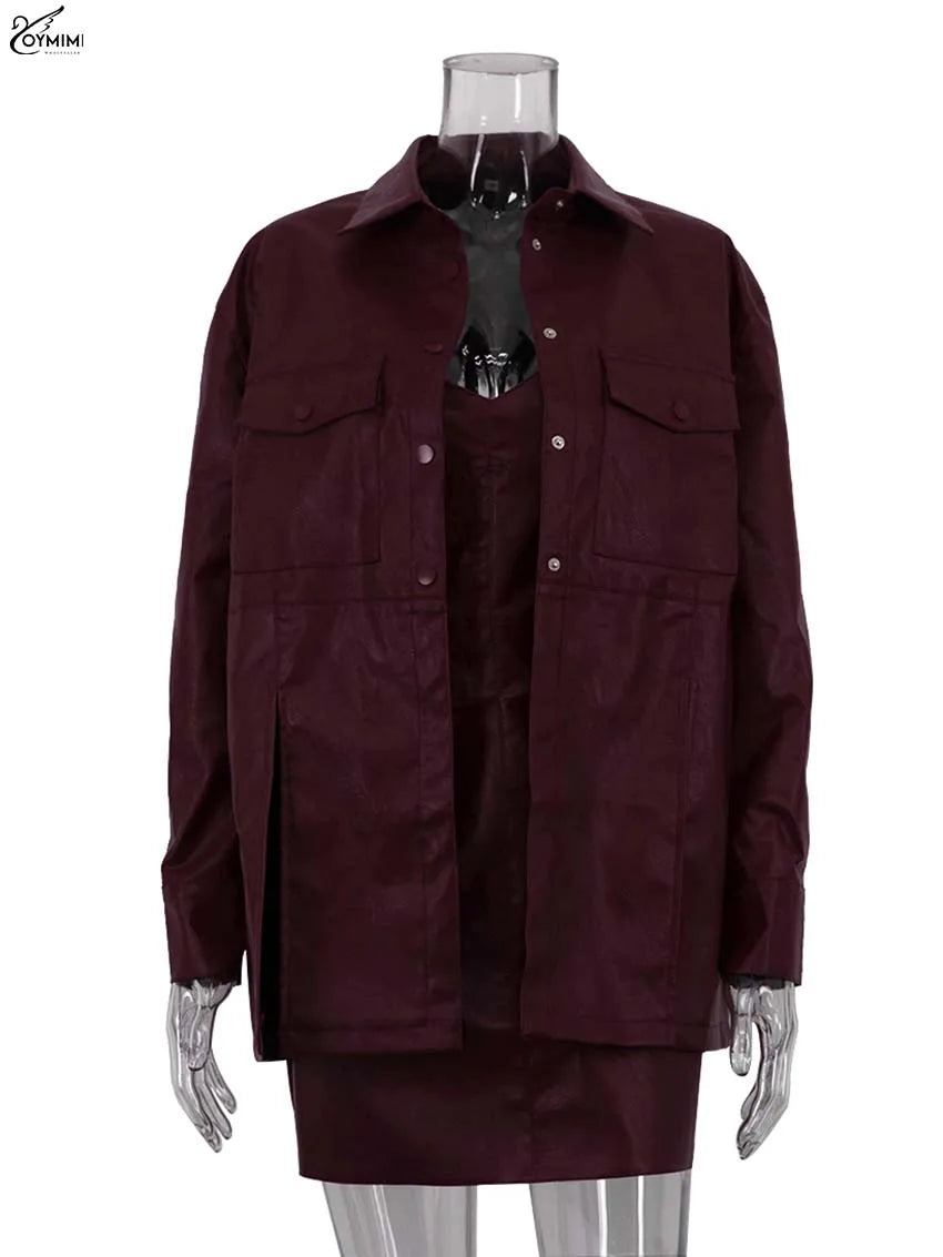 Oymimi Fashion Wine Red Pu Leather Women's Two Pieces Set Elegant Long Sleeve Button Shirts And Spaghetti Strap Mini Dress Sets
