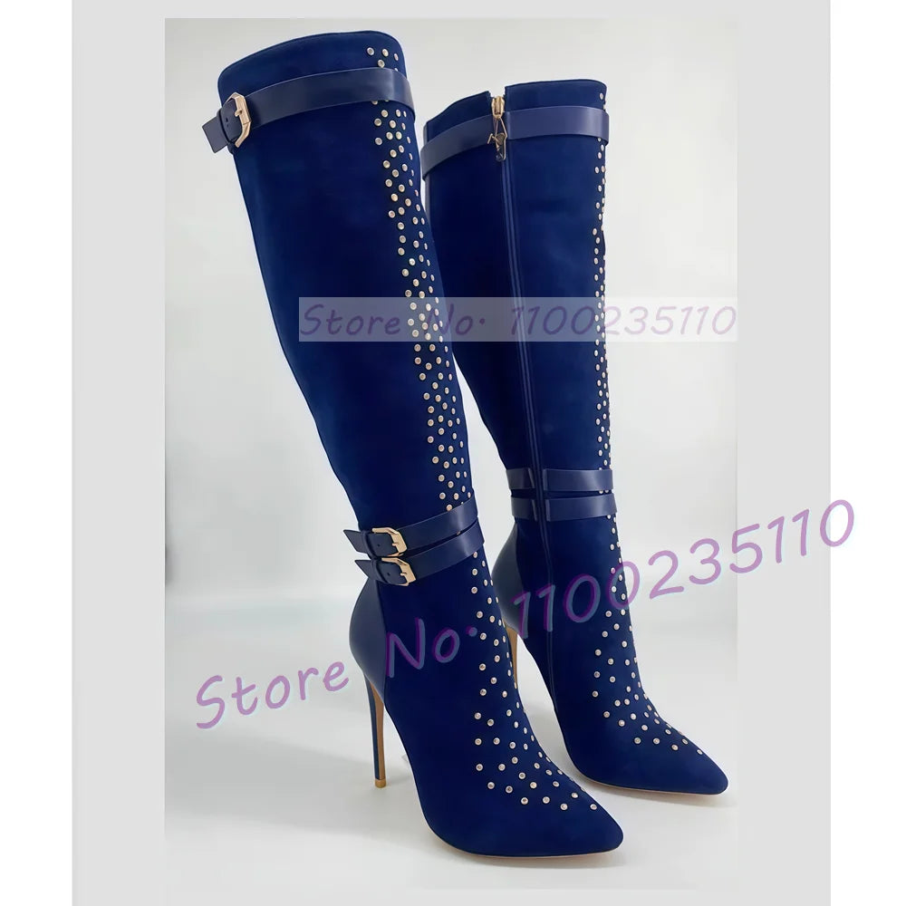 Crystal Embellished Pointed Toe Knee High Boots For Women