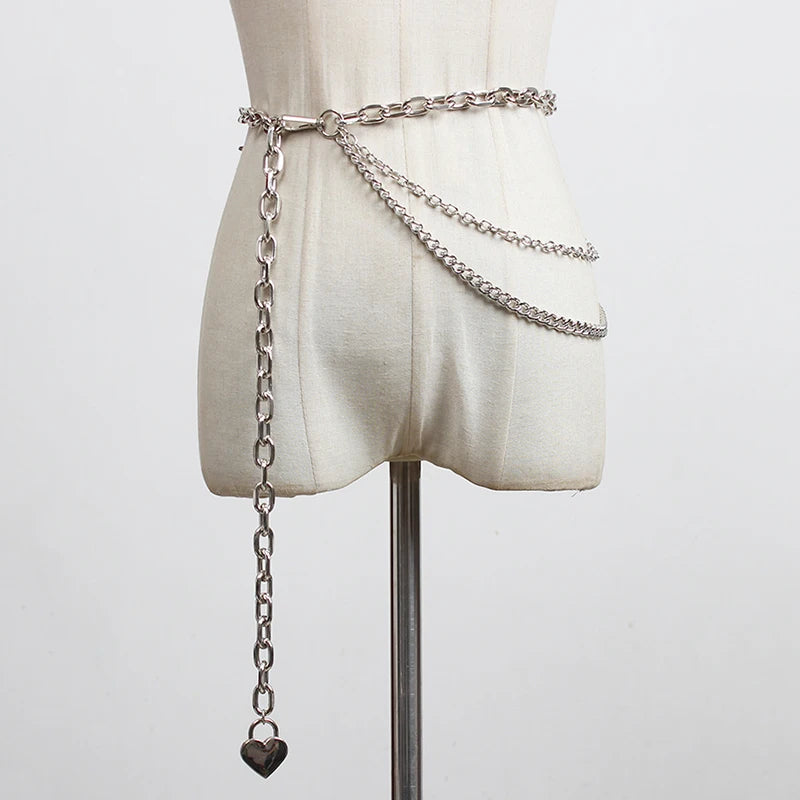 [EAM] Silver Color Metal Chain Long Irregular Belt Personality Women New Fashion Tide All-match Spring Autumn 2025 1DH8768
