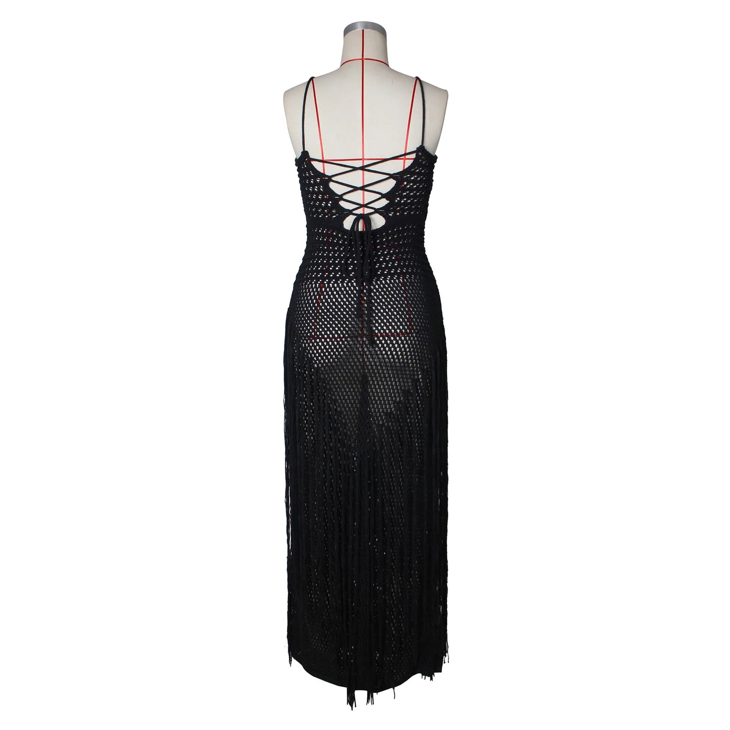 Hollow Out Sheer Crochet Lace Up Maxi Dress for Women