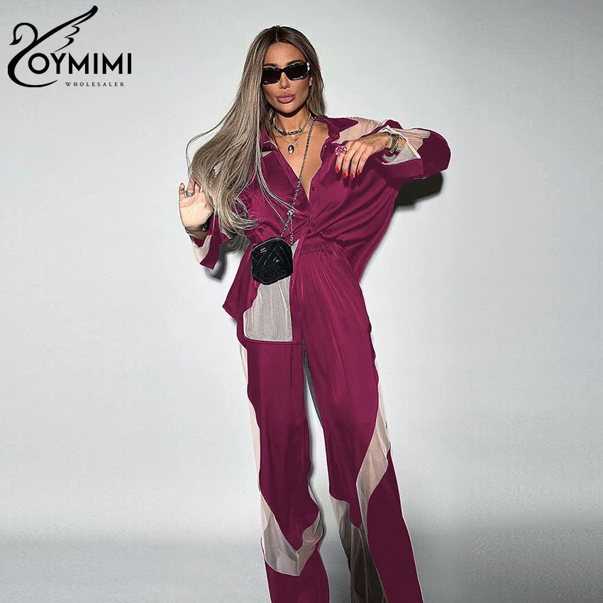 Oymimi Fashion Black Satin Patchwork 2 Piece Set Women Outfit Streetwear Long Sleeve Shirt With High Waist Pant Sets Y2k Clothes