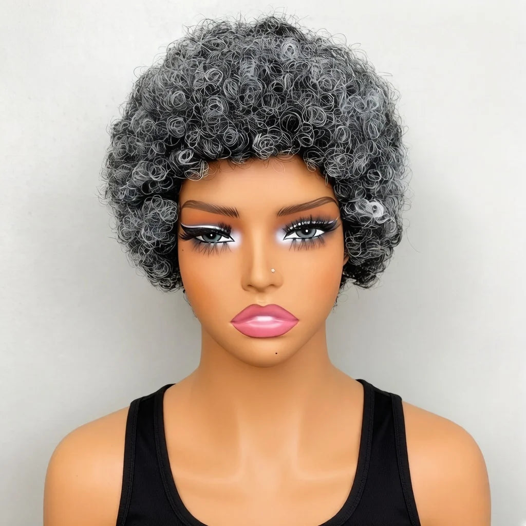 Grey Human Hair Wig for Women Short Curly Bangs Wig Mom/Grandmother Daily Use 6 Inch Bouncy Curly Wigs Full Machine Made Wigs