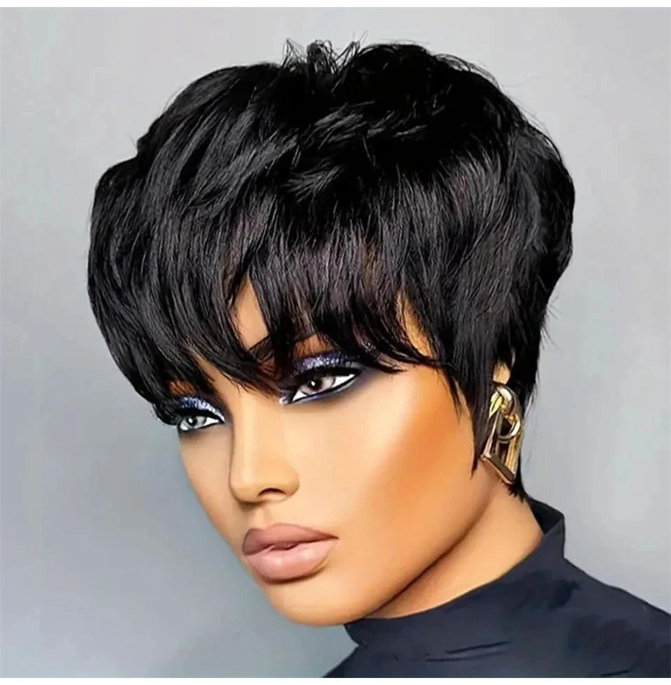 Natural Black Brazilian Human Hair Pixie Cut Wig With Bangs for Women