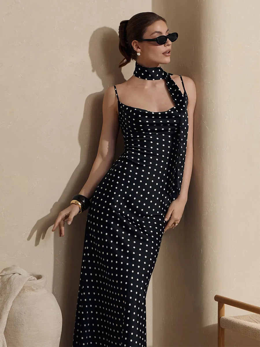Summer Polka Dot Halter Tie Waist Maxi Dress for Women