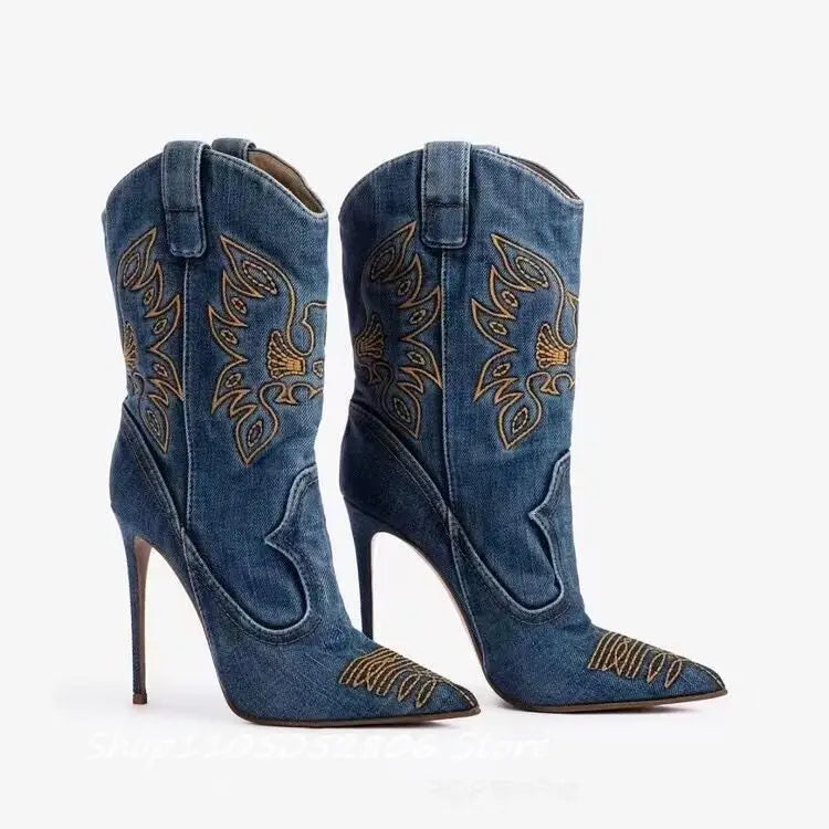Embroidery Punk Point Toe Mid Calf Boots With Thin Heel For Women