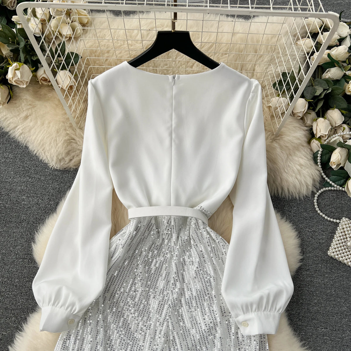 Sequined Patchwork V Neck Wide Leg Jumpsuit for Women