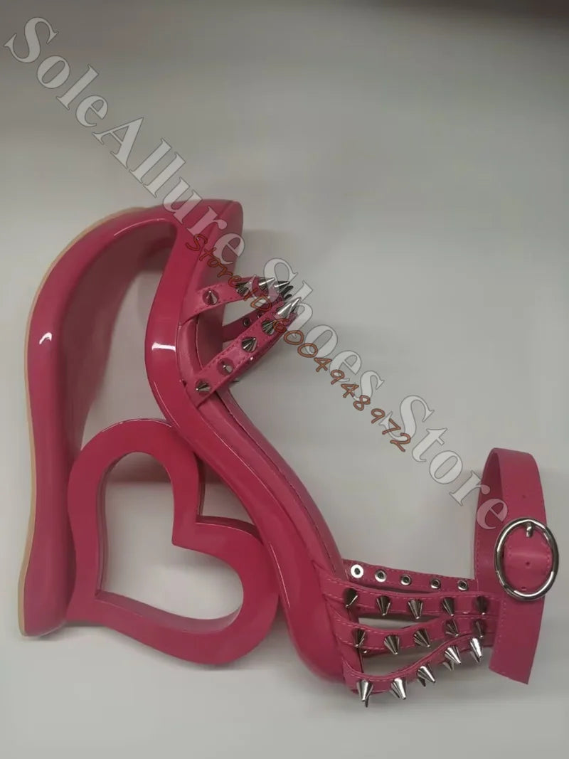 Glossy Patent Leather Spiked Heart Cage Wedge Sandals For Women