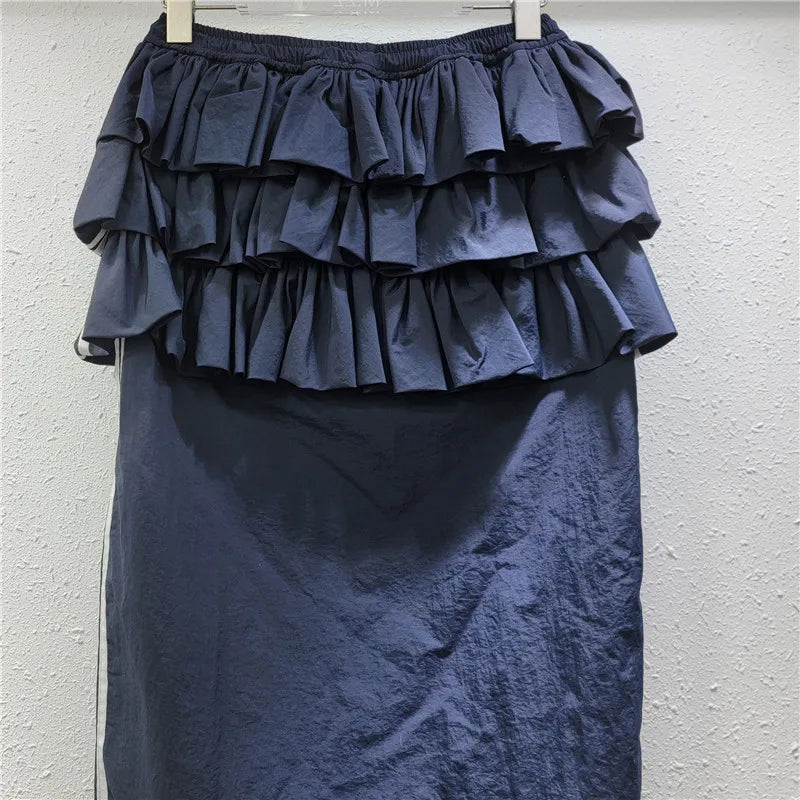 YEAE women's 2025 spring new temperament cake  splicing tooling one-step skirt medium and long skirt