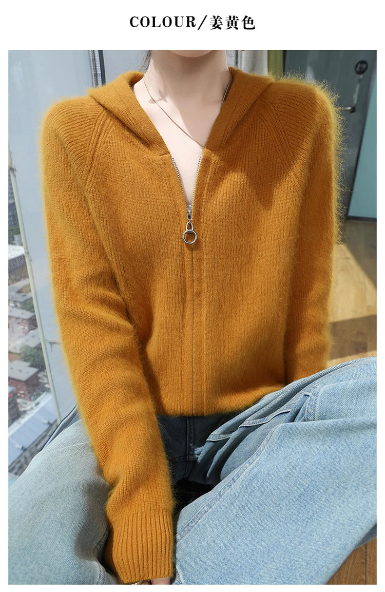 Loose Hooded Cashmere Knit Zipper Cardigan for Women