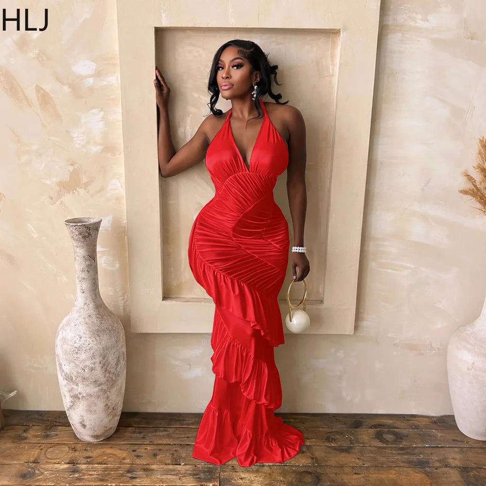 Halter Neck Ruched Satin Mermaid Evening Dress for Women