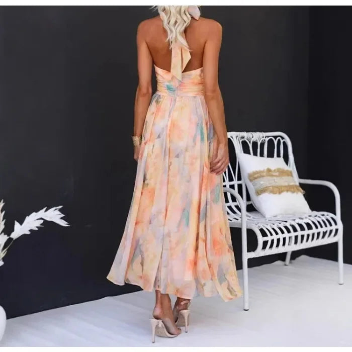 Flower Dress for Women Print Hollow Backless Holiday Fashion Lace Up Sleeveless Pleated Party Dresses New 2025 Summer Long Skirt