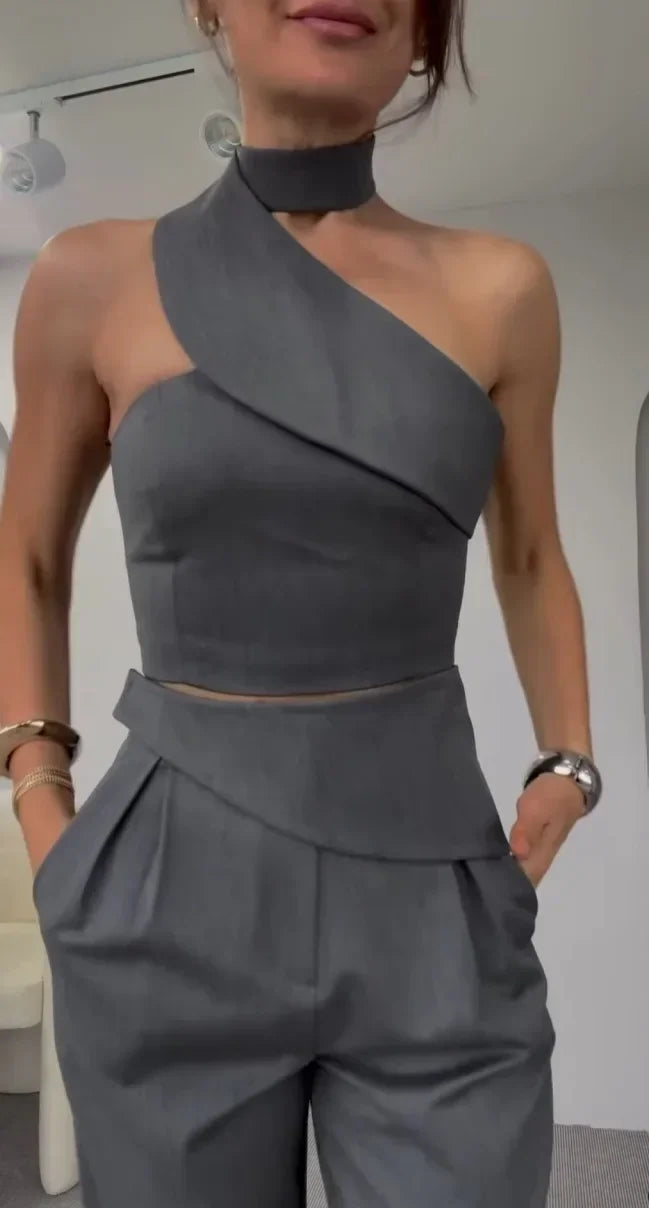 Slanted Neck Top and High Waist Pants Two Piece Set for Women